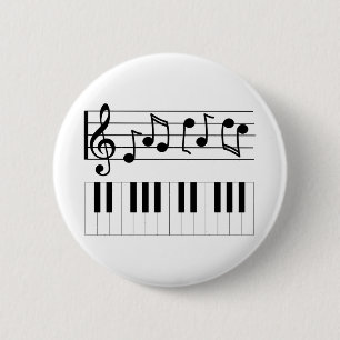 Pianosleutels en muziekbladen ronde button 5,7 cm