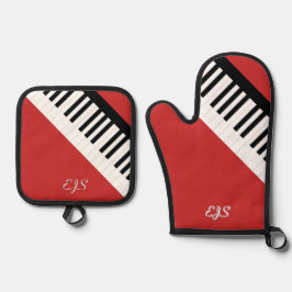 Pianotoetsen Cherry Red Music Keyboard Monogrammed Ovenwant & Pannenlap Set