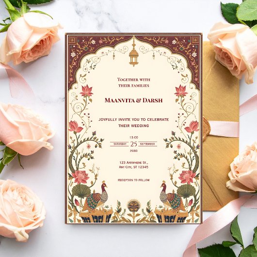 Pichwai Indian Lotus Peacock Wedding Invitation