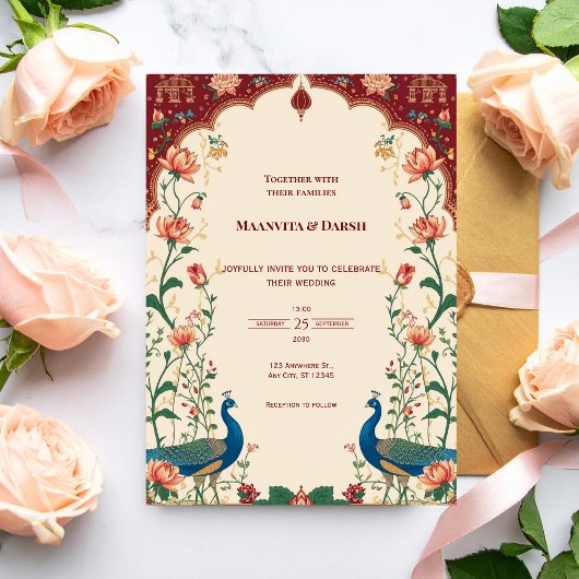 Pichwai Indian Peacock Wedding Invitation Kaart