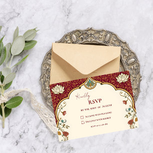 Pichwai Indische Lotus Pauw Bruiloft RSVP Kaartje