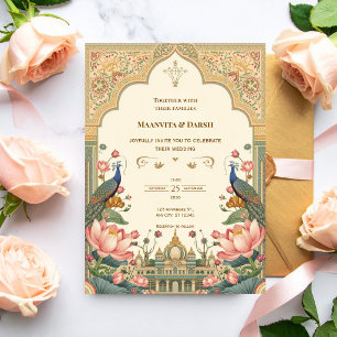Pichwai Indische Pauw Lotus Trouw Uitnodiging