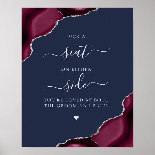 Pick a Seat Burgundy Agate Silver Navy Weddenschap Poster (Voorkant)