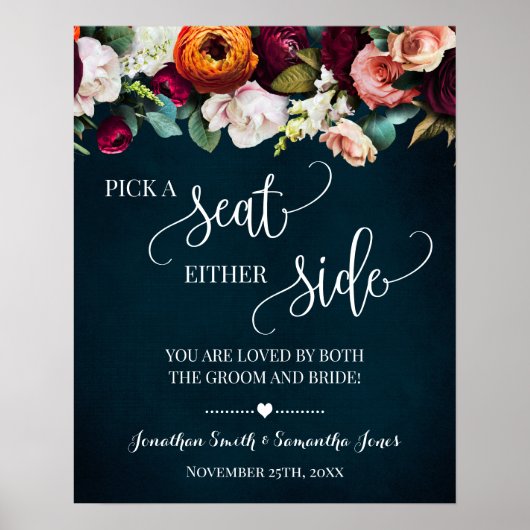 Pick Seat Beide Side Wedding Wine Navy Sign Poster (Voorkant)