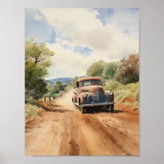 pick-up truck op land weg waterverf poster