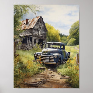 pick-up truck per land schuur water kleur poster