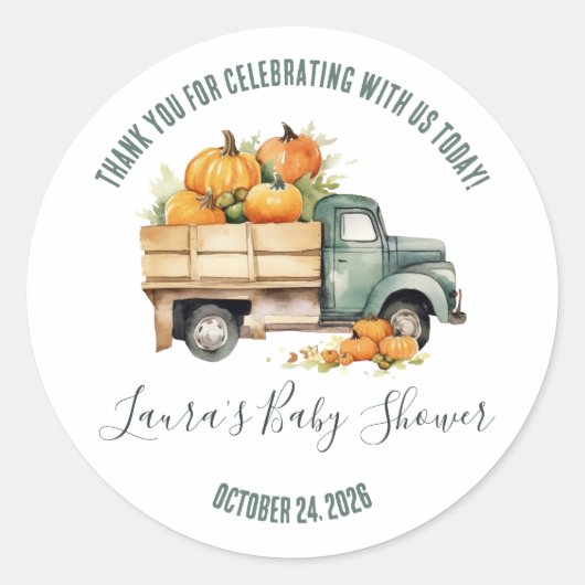  pick-up truck pompoenen Baby shower gunst Ronde Sticker (Voorkant)