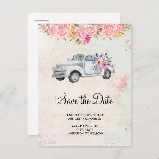  pick-up truck rustieke bruiloft Save the Date Uitnodiging Briefkaart (Voorkant / Achterkant)