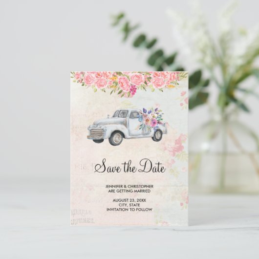 pick-up truck rustieke bruiloft Save the Date Uitnodiging Briefkaart (Staand voorkant)