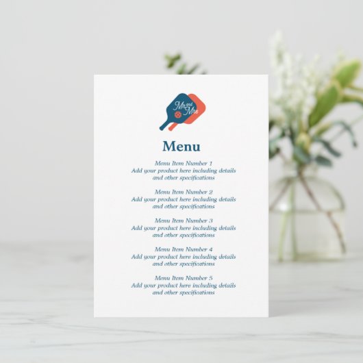 Pickelball bruiloft menu met peddel racket logo (Staand voorkant)