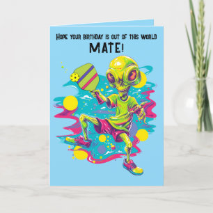 Pickleball Alien Happy Birthday Kaart