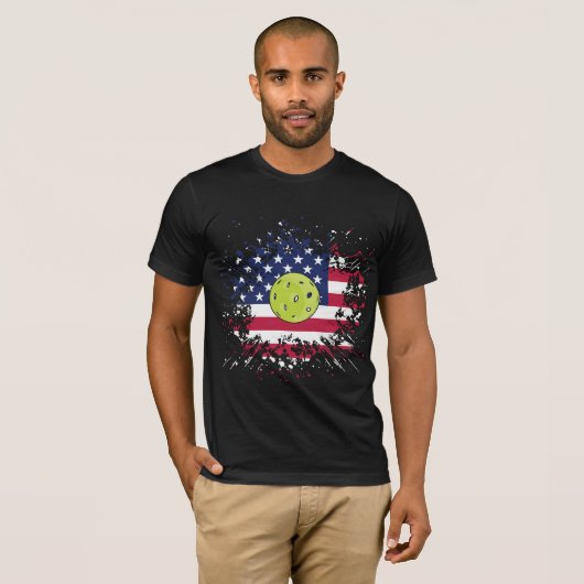 Pickleball American Flag US Racket Paddle Ball T-shirt (Voorkant volledig)