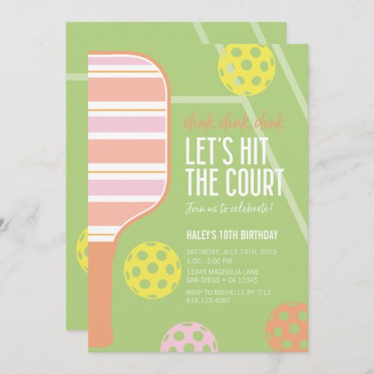 Pickleball Anniversaire Fête Invitation ・ Dink Din (Devant / Derrière)
