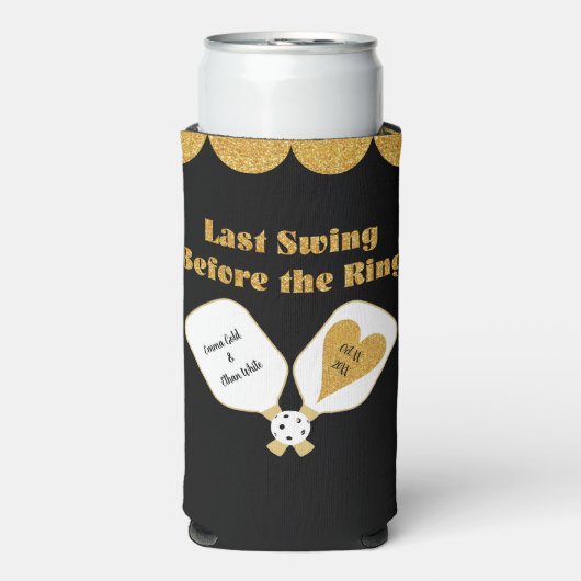 Pickleball Bruiloft Zwart en Goud Gepersonaliseerd (Seltzer Voorkant)