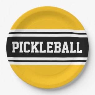 PICKLEBALL Fun Geel Zwart Wit Racing Stripes Papieren Bordje