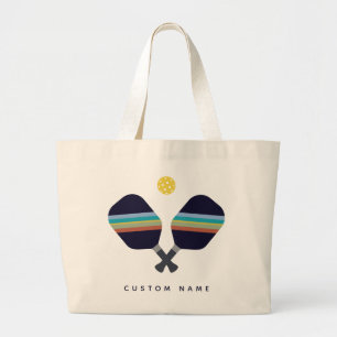 Pickleball Gepersonaliseerde naam Gestreepte Paddl Grote Tote Bag