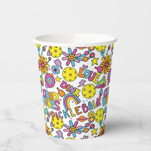 Pickleball Groovy, retro jaren '90, witte papieren Papieren Bekers (Links)