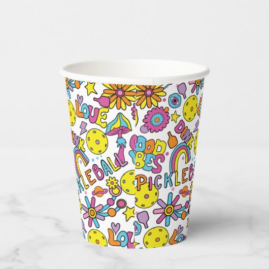 Pickleball Groovy, retro jaren '90, witte papieren Papieren Bekers (Rechts)