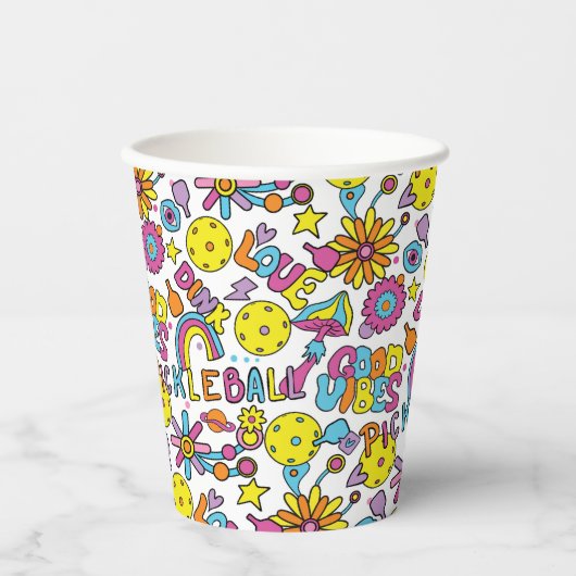 Pickleball Groovy, retro jaren '90, witte papieren Papieren Bekers (Voorkant)