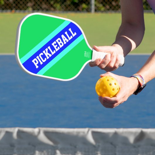 PICKLEBALL Heldergroen Royal Blue Racing Stripes Pickleball Paddle (Insitu)