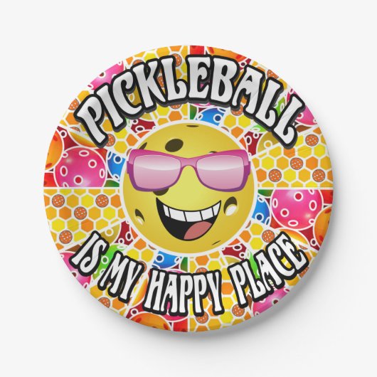 Pickleball is Mijn Gelukkige Plek - Kleurrijke Gra Papieren Bordje (Voorkant)