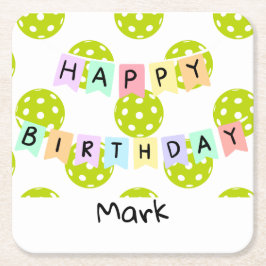 Pickleball met banner voor gelukkige verjaardag vierkante kartonnen onderzetter