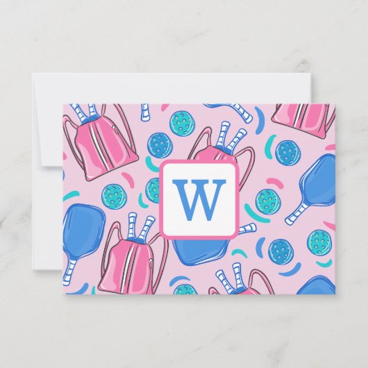 Pickleball Paddles and Balls Pink Preppy Initiaal Bedankkaart (Voorkant)