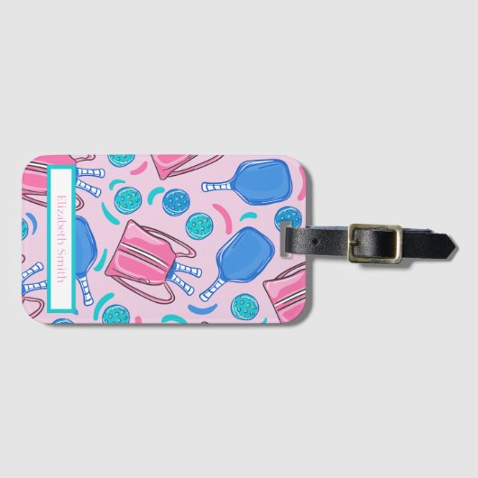 Pickleball Paddles en Balls Pink Preppy Custom Bagagelabel (Voorkant (horizontaal))