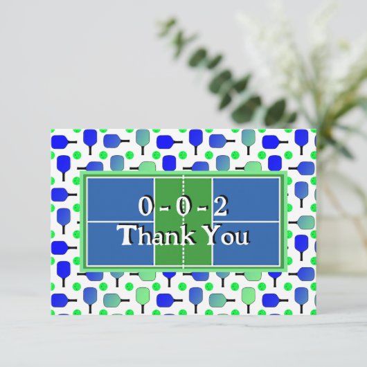 Pickleball Party Blauwe Groene Paddles en Ballen Bedankkaart (Staand voorkant)