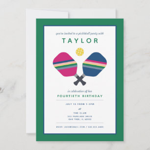 Pickleball Party Sports Blue Green Invitation Kaart