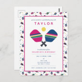 Pickleball Party Sports Blue Pink Invitation (Devant / Derrière)