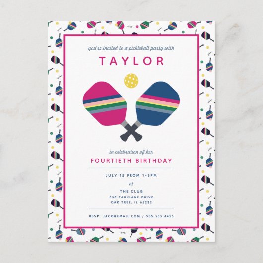Pickleball Party Sports Blue Pink Invitation (Devant)