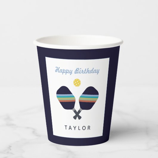 Pickleball Party Sports Dark Blue Striped Paddles Papieren Bekers (Voorkant)