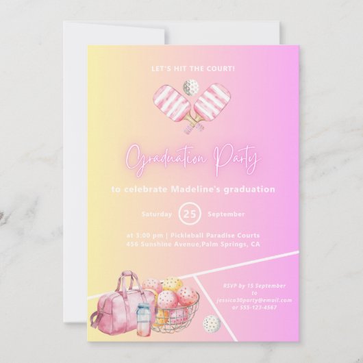 Pickleball Pink Fun Graduation Party Invitation (Devant)