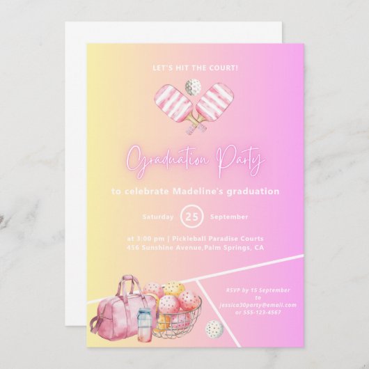 Pickleball Pink Fun Graduation Party Invitation (Devant / Derrière)