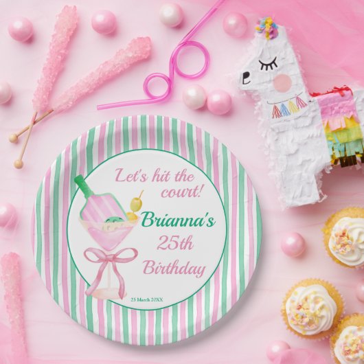 Pickleball roze en groen verjaardagsfeestje op maa papieren bordje (Feest)