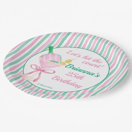 Pickleball roze en groen verjaardagsfeestje op maa papieren bordje (Gekanteld)