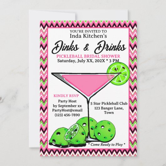 Pickleball Shower Dinks & Drinks Pink Chevron Kaart (Voorkant)