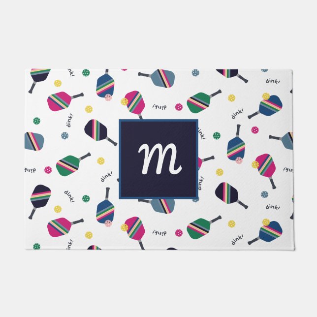 Pickleball Speciaal Monogram Blauw Groen Roze Deurmat (Voorkant)