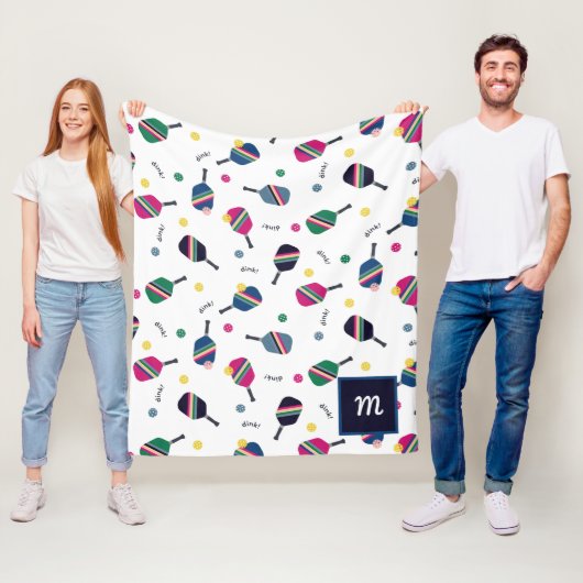 Pickleball Speciaal Monogram Blauw Groen Roze Fleece Deken (In situ)