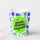 Pickleball Verjaardag Blauw Groen Gepersonaliseerd Papieren Bekers (Voorkant)