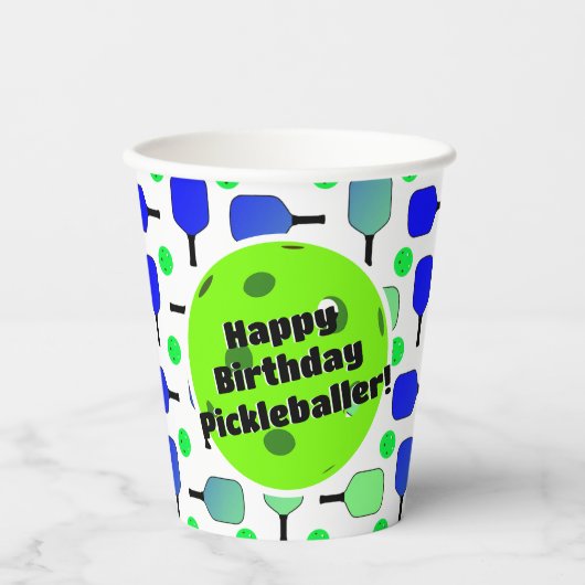 Pickleball Verjaardag Blauw Groen Gepersonaliseerd Papieren Bekers (Voorkant)