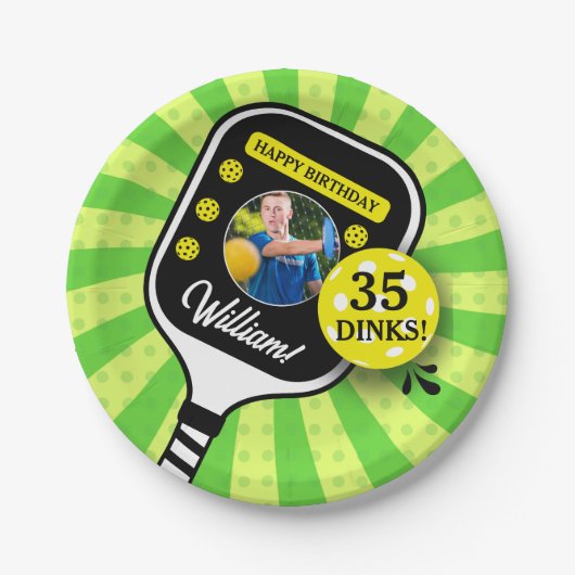 Pickleball Verjaardagsfeest RETRO Groene Sport FOT Papieren Bordje (Voorkant)