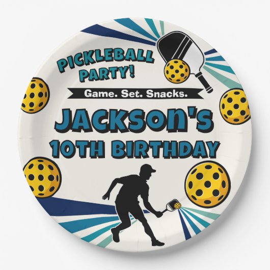 Pickleball Verjaardagsfeest Retro Speler Papieren Bordje (Voorkant)