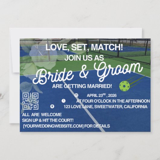 Pickleball Wedding Invitation - Modern Court Sport Kaart (Voorkant)