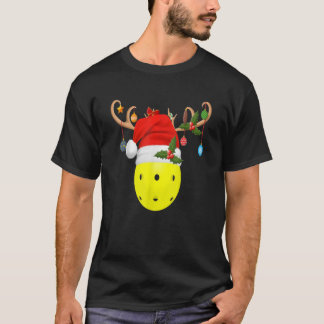 Pickleball Xmas Gift Reindeer Santa Hat Pickleball T-shirt