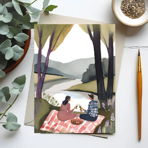Picknick aan het meer   Natuur Aquarel Schilderij Briefkaart