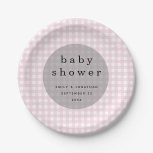 Picknick Baby shower Namen Datum Pink Gingham Papieren Bordje