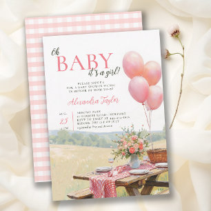 Picknick Ballonnen Wilde Bloemen Roze Meisje Baby Kaart