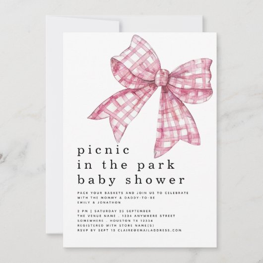 Picknick in Park Roze Gingham Bow Wit Baby shower Kaart (Voorkant)